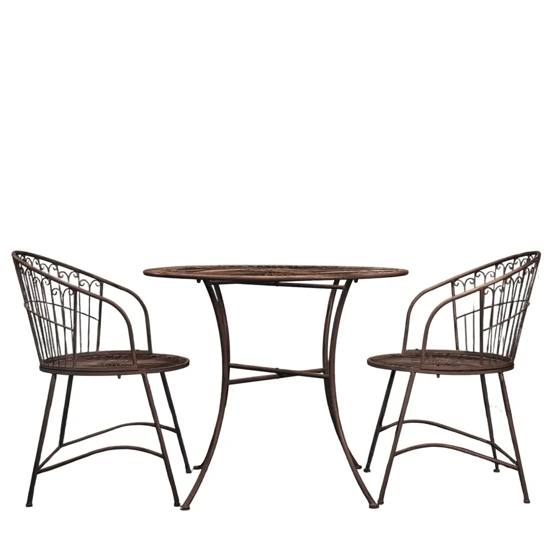 Daisy outdoor garden bistro set, small table and 2 chairs. Crafted from iron and finished in a dark bronze. Available to purchase from Albury House Interiors. 