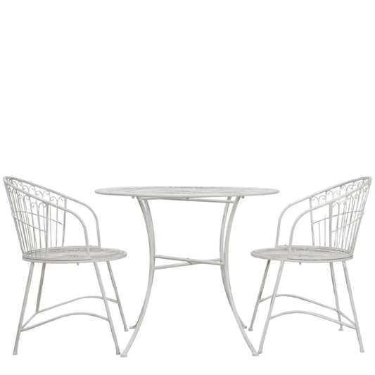 white metal outdoor table and two chairs on a patio deck from Albury house interiors essex