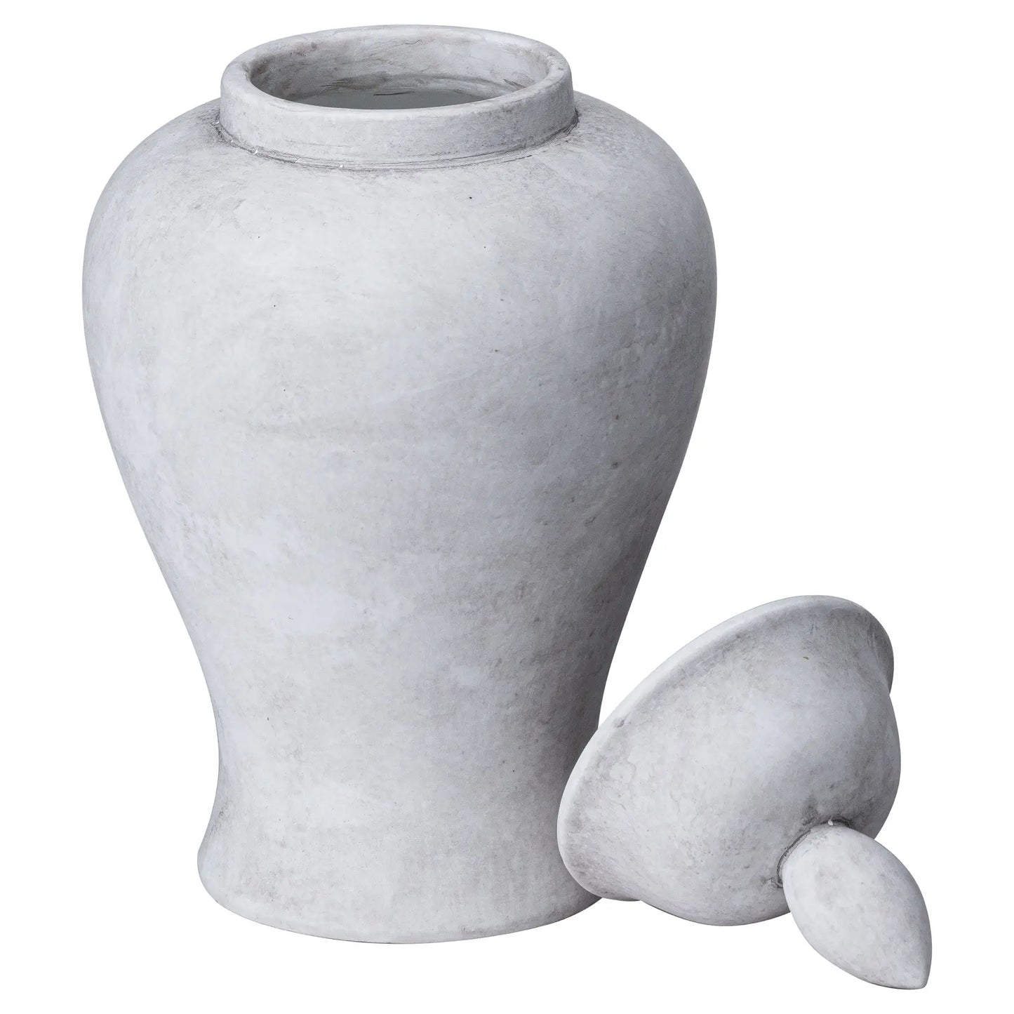 Dalia handcrafted ginger jar with lid, finished in stone for a raw textured look. Available to purchase at Albury House Interiors. 