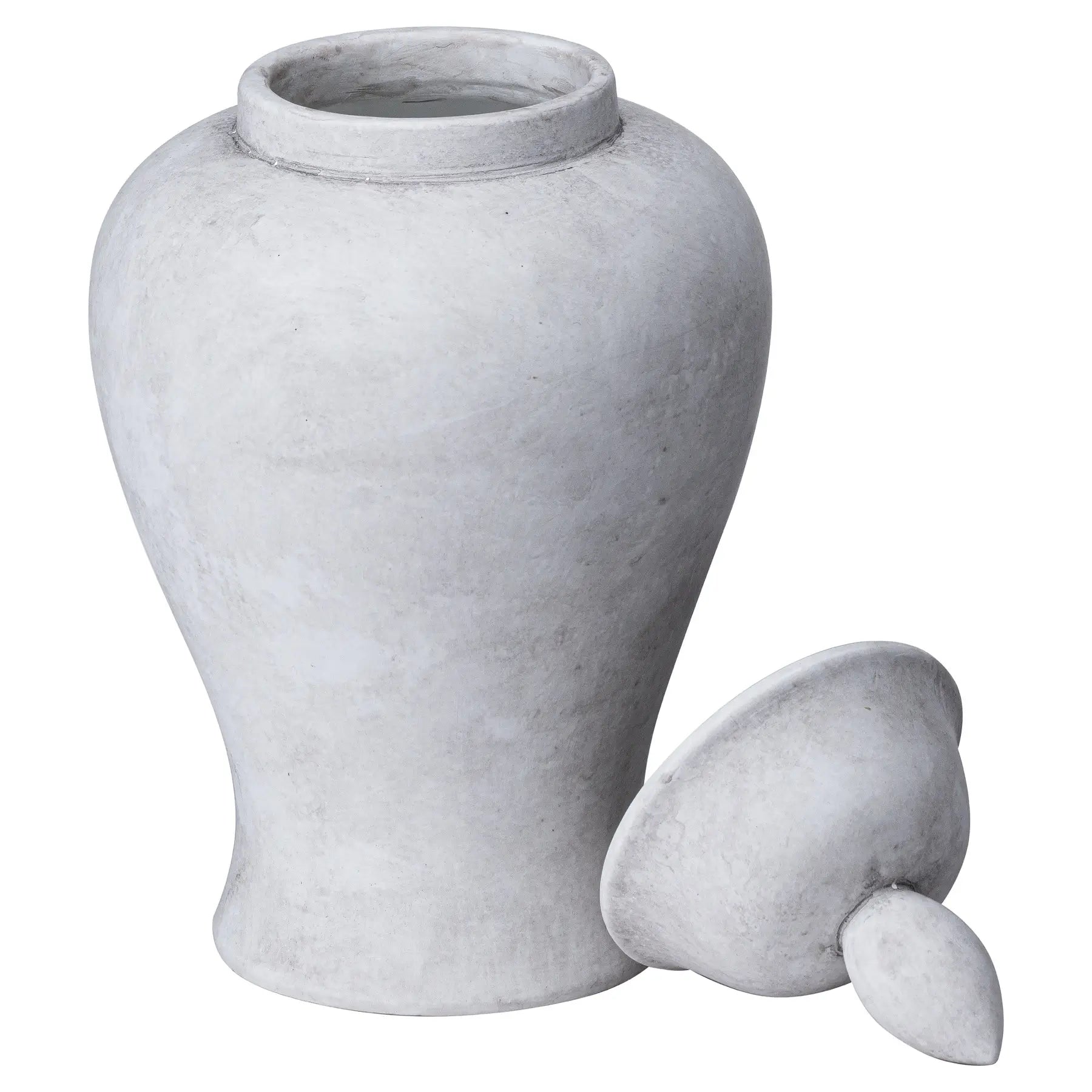 Dalia handcrafted ginger jar with lid, finished in stone for a raw textured look. Available to purchase at Albury House Interiors. 