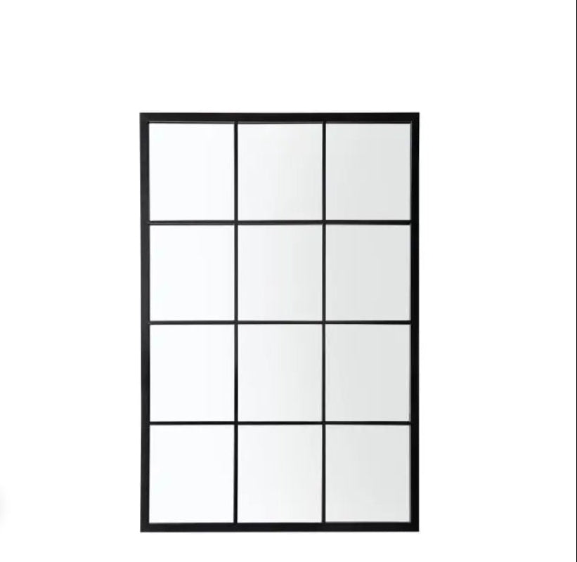 A rectangular wall mirror with a black metal frame divided into a 3x4 grid of twelve square panes, shown against a plain white background. Available at Albury House Interiors
