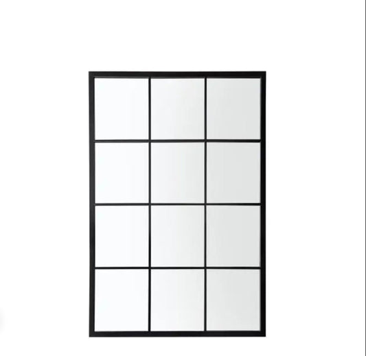 A rectangular wall mirror with a black metal frame divided into a 3x4 grid of twelve square panes, shown against a plain white background. Available at Albury House Interiors
