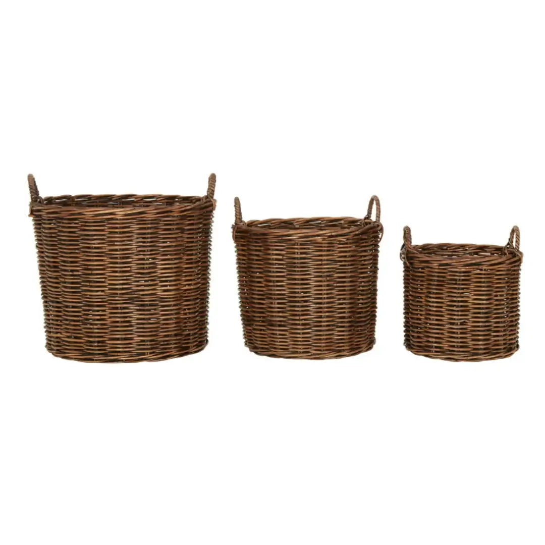 Dark natural woven rattan basket set of three in various sizes, available to purchase from Albury House Interiors.