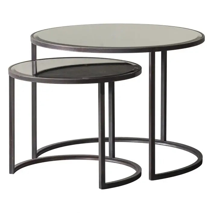 Drea round nest of coffee tables set, iron frames finished in antique bronze with glass mirror tops at Albury House Interiors.