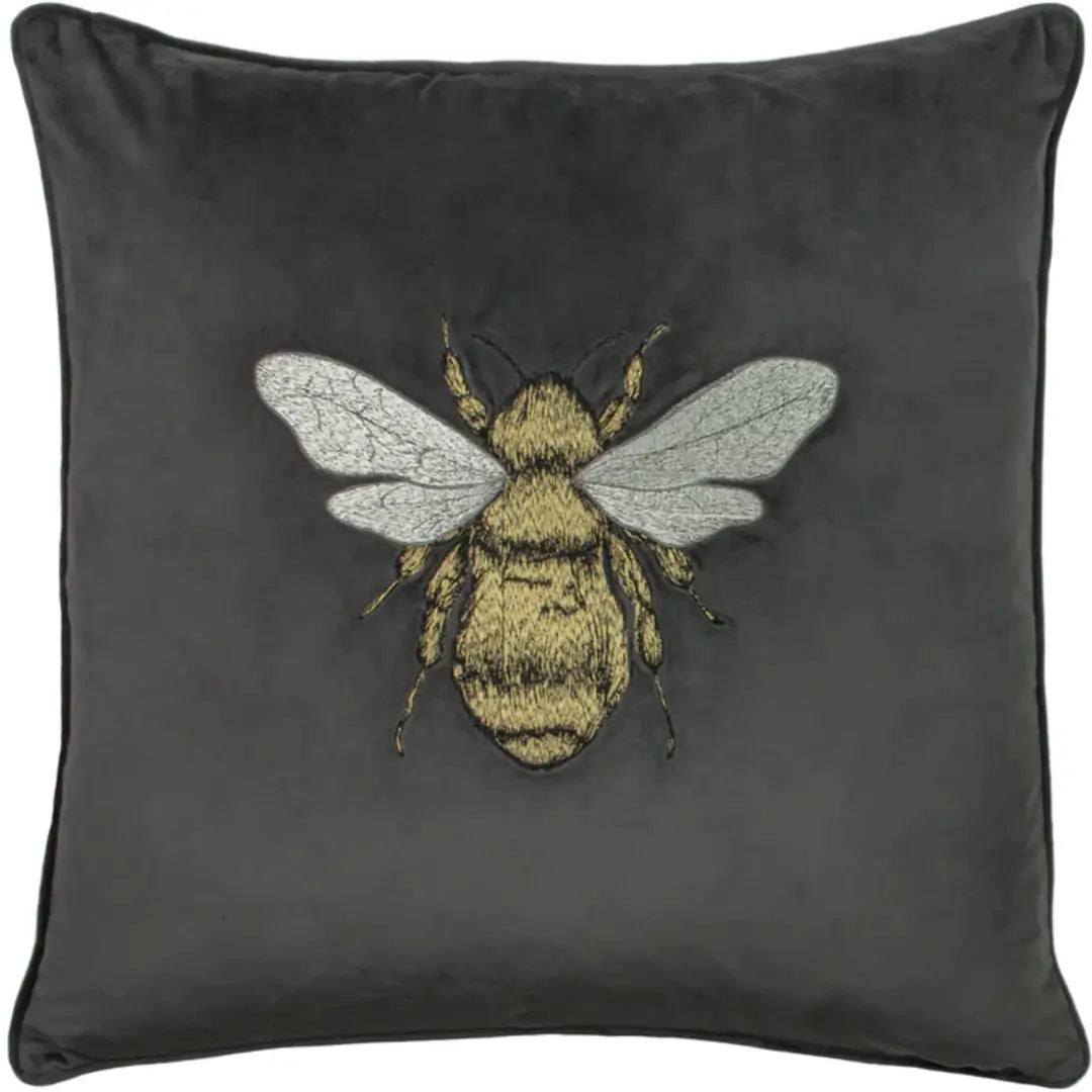 embroidered-bumble-bee-cushion-in-charcoal-velvet-at-albury-house-interiors