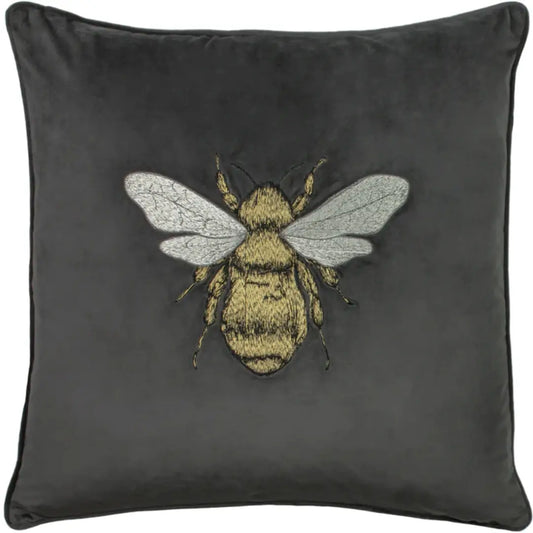 embroidered-bumble-bee-cushion-in-charcoal-velvet-at-albury-house-interiors