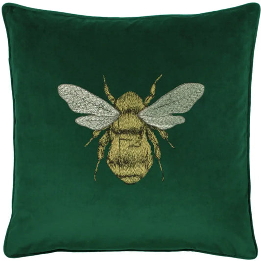 embroidered-bumble-bee-cushion-in-emerald-green-velvet-at-albury-house-interiors 