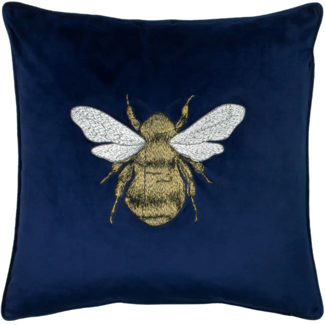 embroidered-bumble-bee-cushion-in-navy-velvet-at-albury-house-interiors