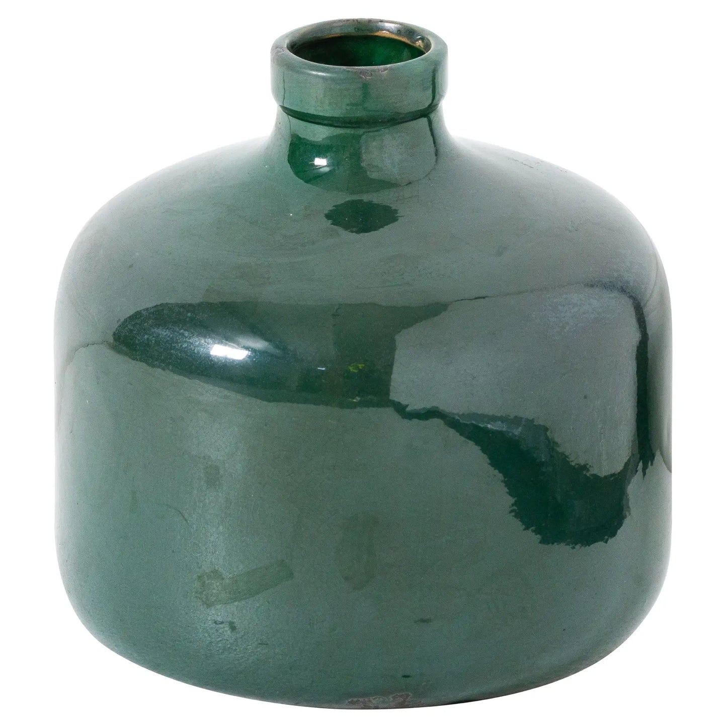 Emerald green ceramic bottle vase with crackle pattern all over and distressed detail. Available to purchase at Albury House Interiors.