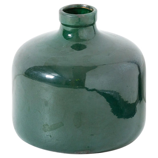 Emerald green ceramic bottle vase with crackle pattern all over and distressed detail. Available to purchase at Albury House Interiors.