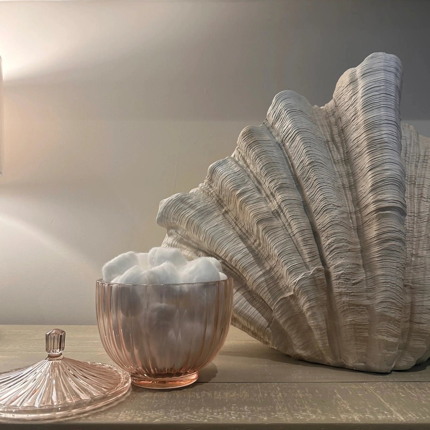 Extra large size faux clam shell vase, with beautiful real life textures, with pink glass ribbed pleated trinket jar. Available at Albury house Interiors, Essex. 
