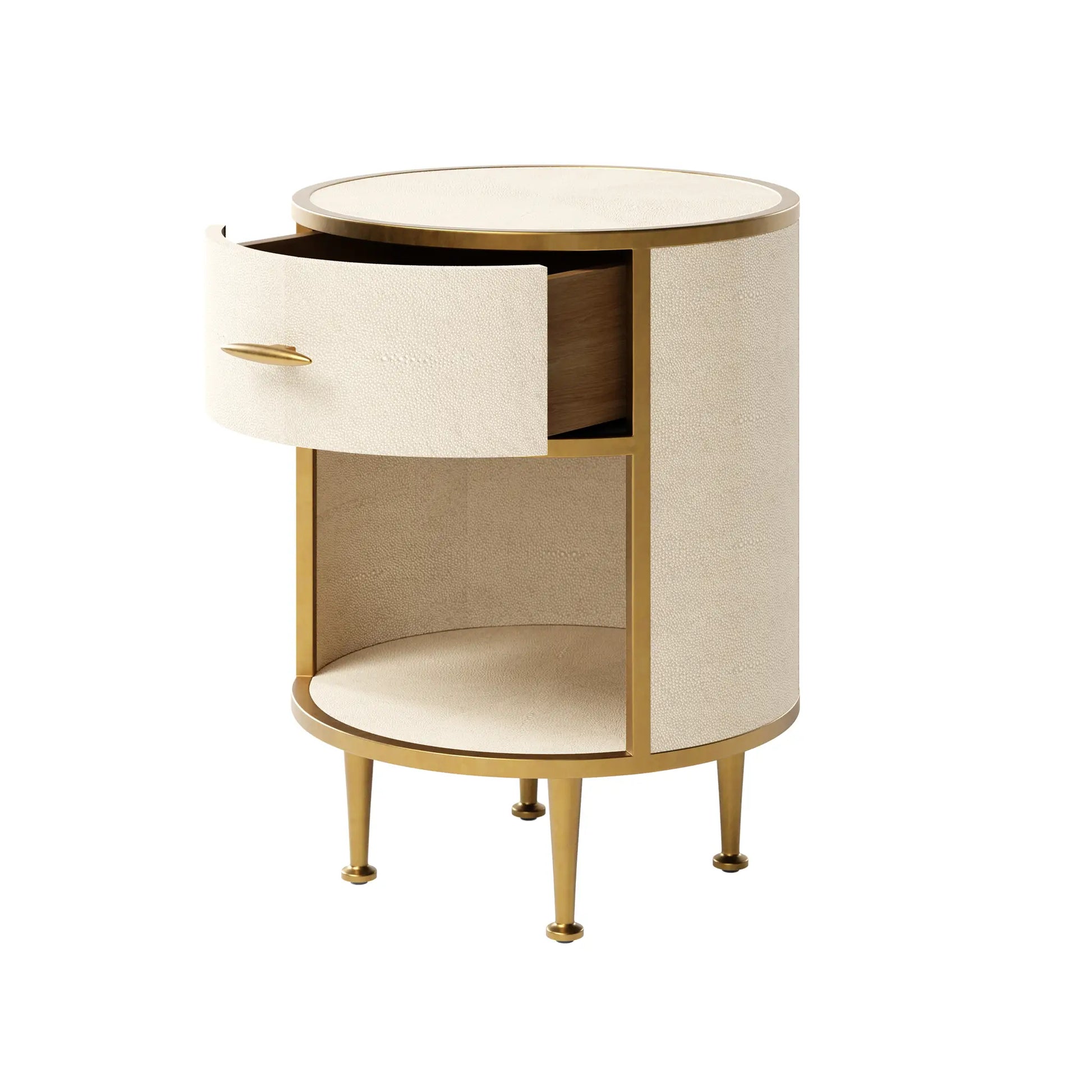 faux-ivory-shagreen-fabric-bedside-tables-ound-in-shape-with-antique-brass-metal-frame-and-legs-with-single-drawer-and-shelf-interior-design-essentials-at-albury-house-interiors