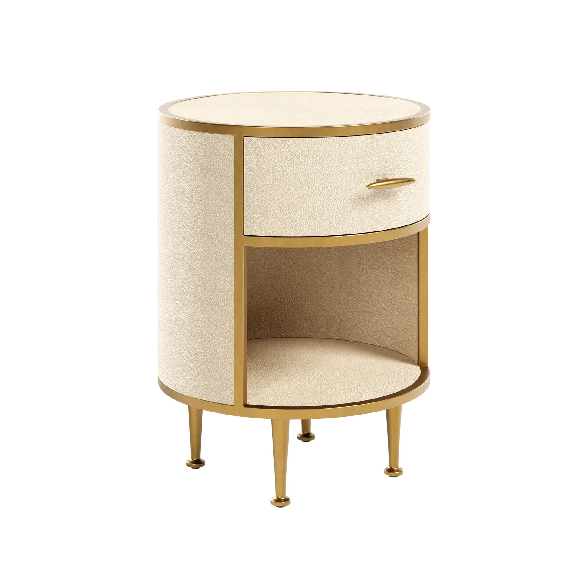 faux-ivory-shagreen-fabric-bedside-tables-ound-in-shape-with-antique-brass-metal-frame-and-legs-with-single-drawer-and-shelf-interior-design-essentials-at-albury-house-interiors