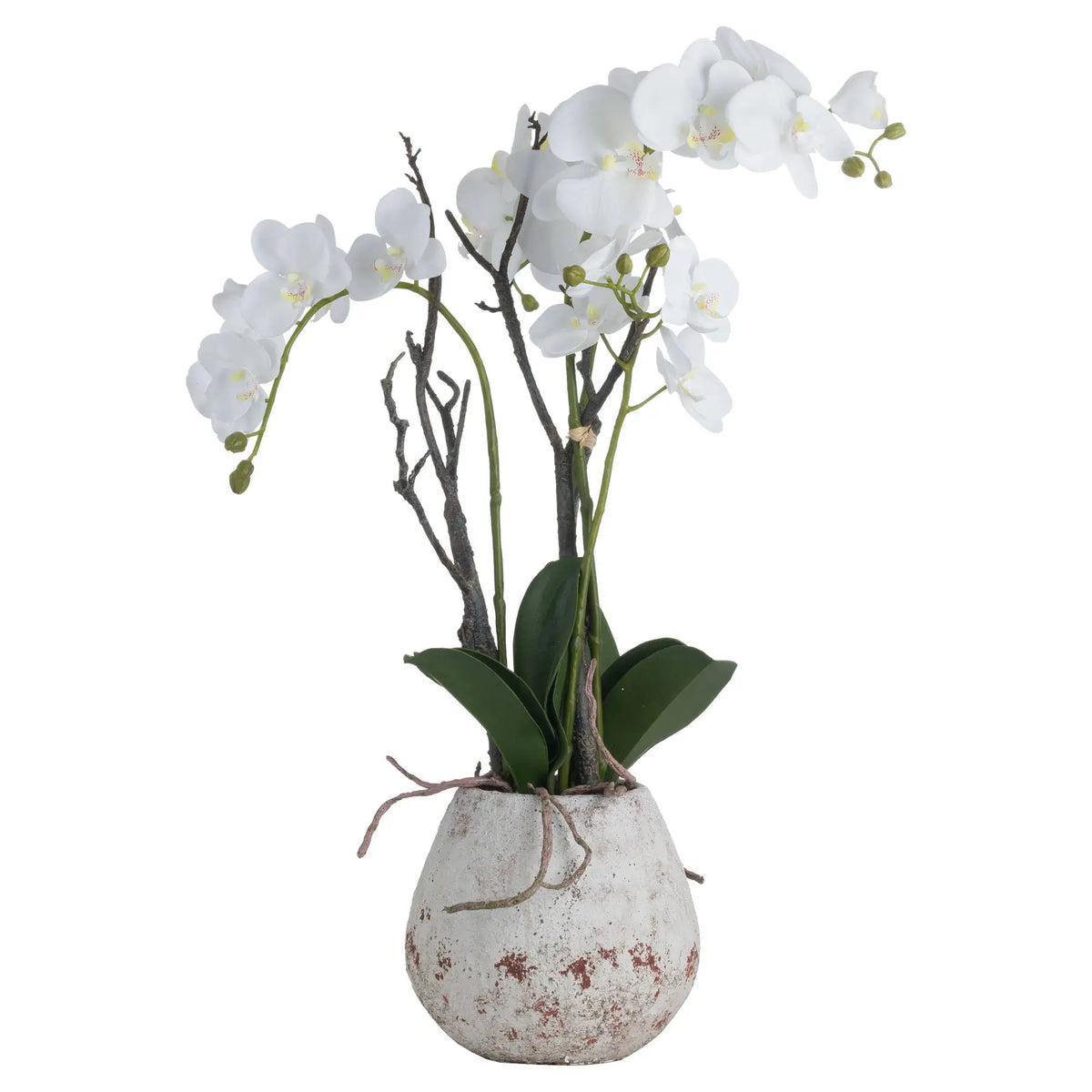 White faux realistic orchid flower in antique stone rustic pot, available to purchase from Albury House Interiors.