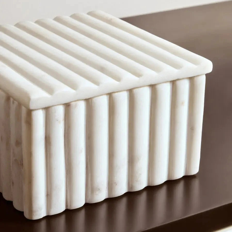 Natural white marble square trinket box with fluted detail all over, complete with matching lid. Available to purchase from Albury House Interiors.