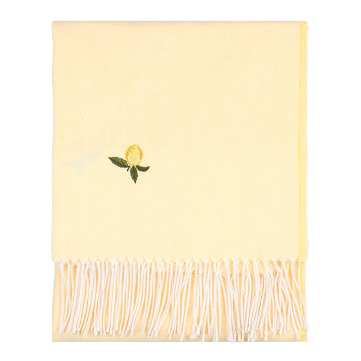 Fruity lemon Yellow throw with embroidered lemon design and cream fringe available at Albury House Interiors