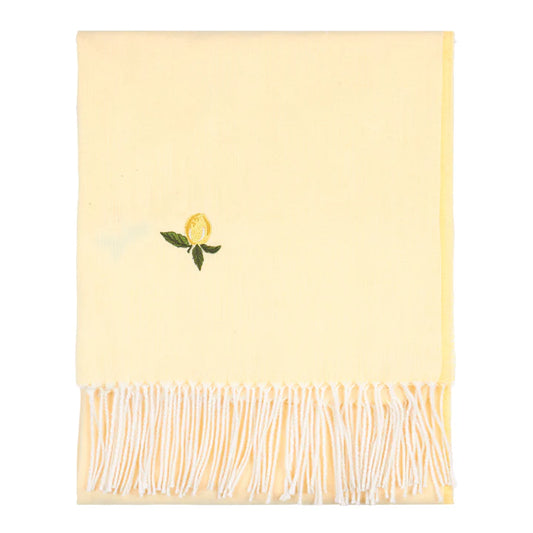 Fruity lemon Yellow throw with embroidered lemon design and cream fringe available at Albury House Interiors