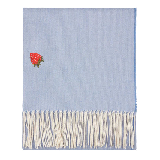 Lightweight pale blue throw blanket with a strawberry design and white fringe available at Albury House Interiors