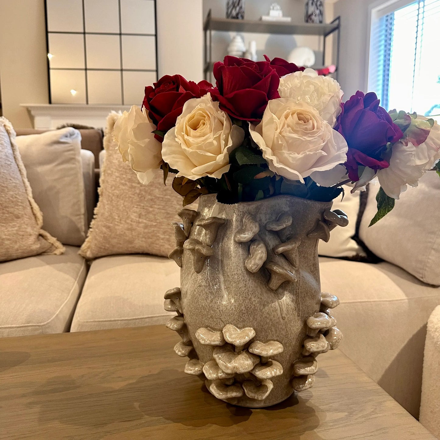 taupe-and-white-speckled-flecked-mushroom-fungi-vase-with-red-and-white-faux-real-look-roses-at-albury-house-interiors-homewares-giftware-shop-essex