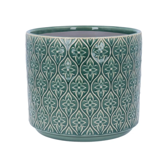 green-flower-trellis-stoneware-plant-pot-cover-green-ceramic-by-gisela-graham-at-albury-house-interiors-essex