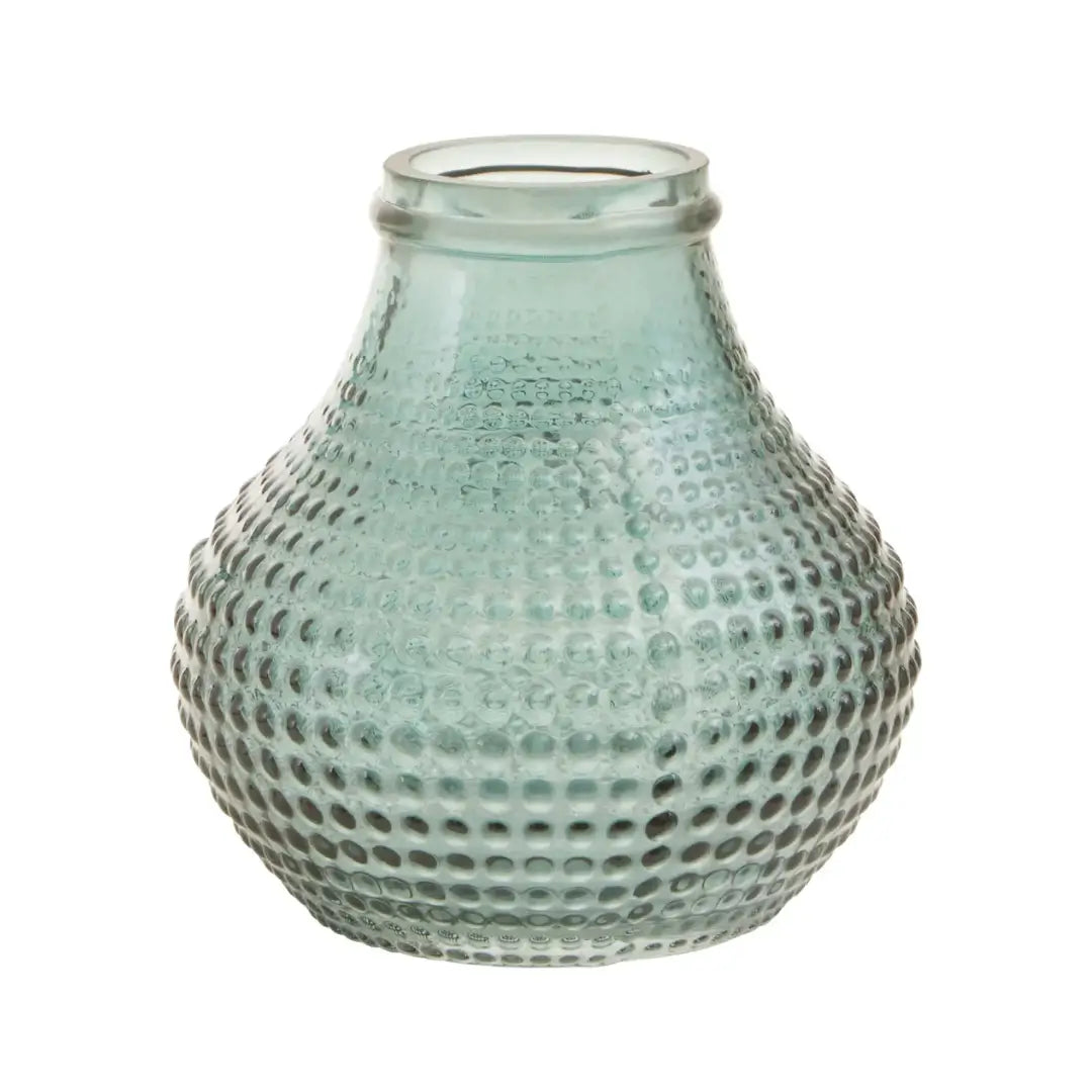 Green glass dotted bud vases perfect for small blooms, fully waterproof, available at Albury House Interiors.