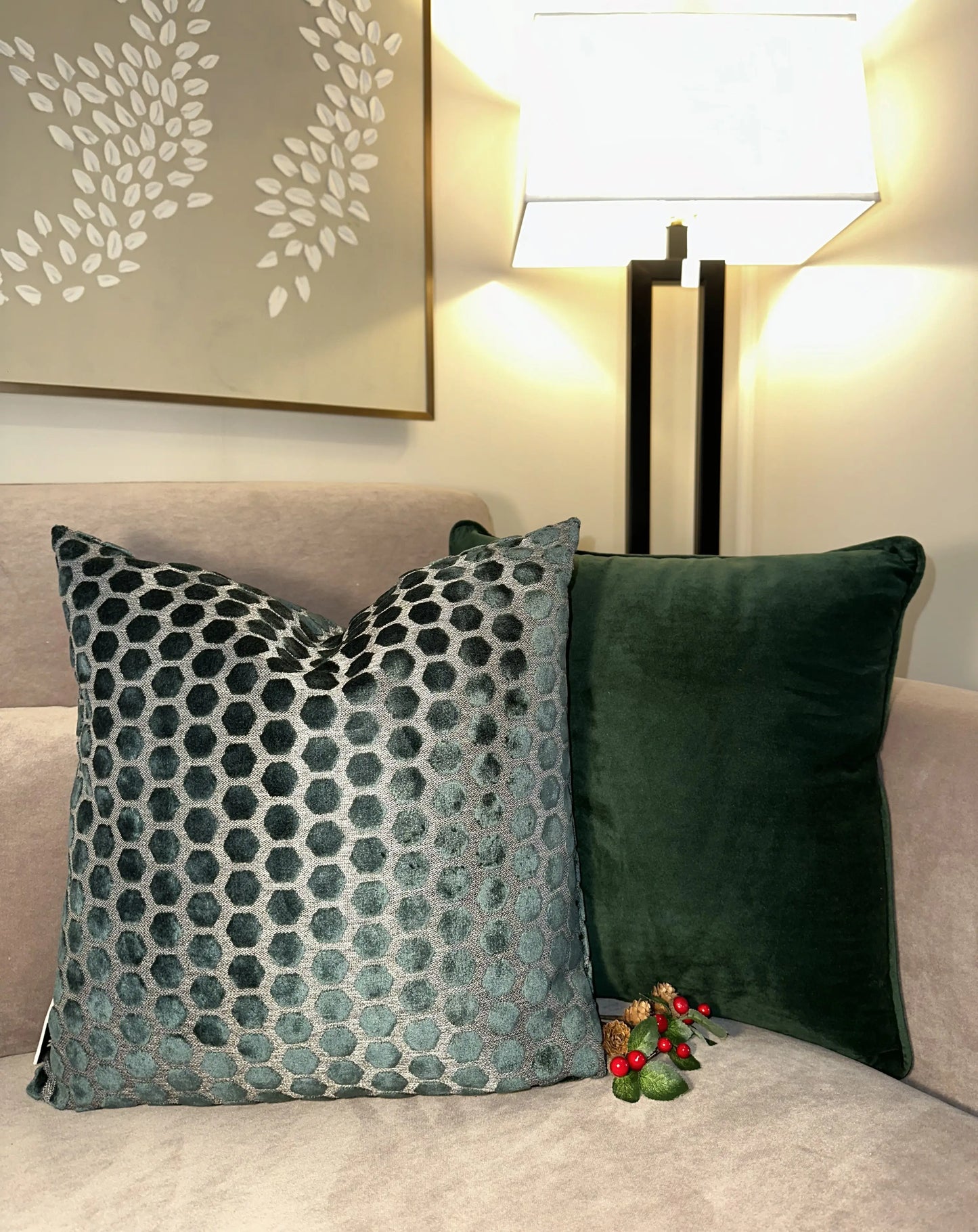 green-honeycomb-and-green-velvet-square-cushions-at-albury-house-interiors 