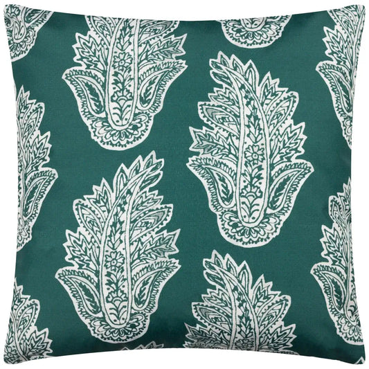 green-and-white-paisley-pint-patterned-reversible-outdoor-waterproof-garden-cushion-at-albury-house-interiors-homewares-shop-in-essex-hertfordshire