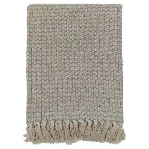 Basket weave throw in grey and taupe colours with fringed edges at both ends, crafted from recycled materials. Available to purchase from Albury House Interiors.