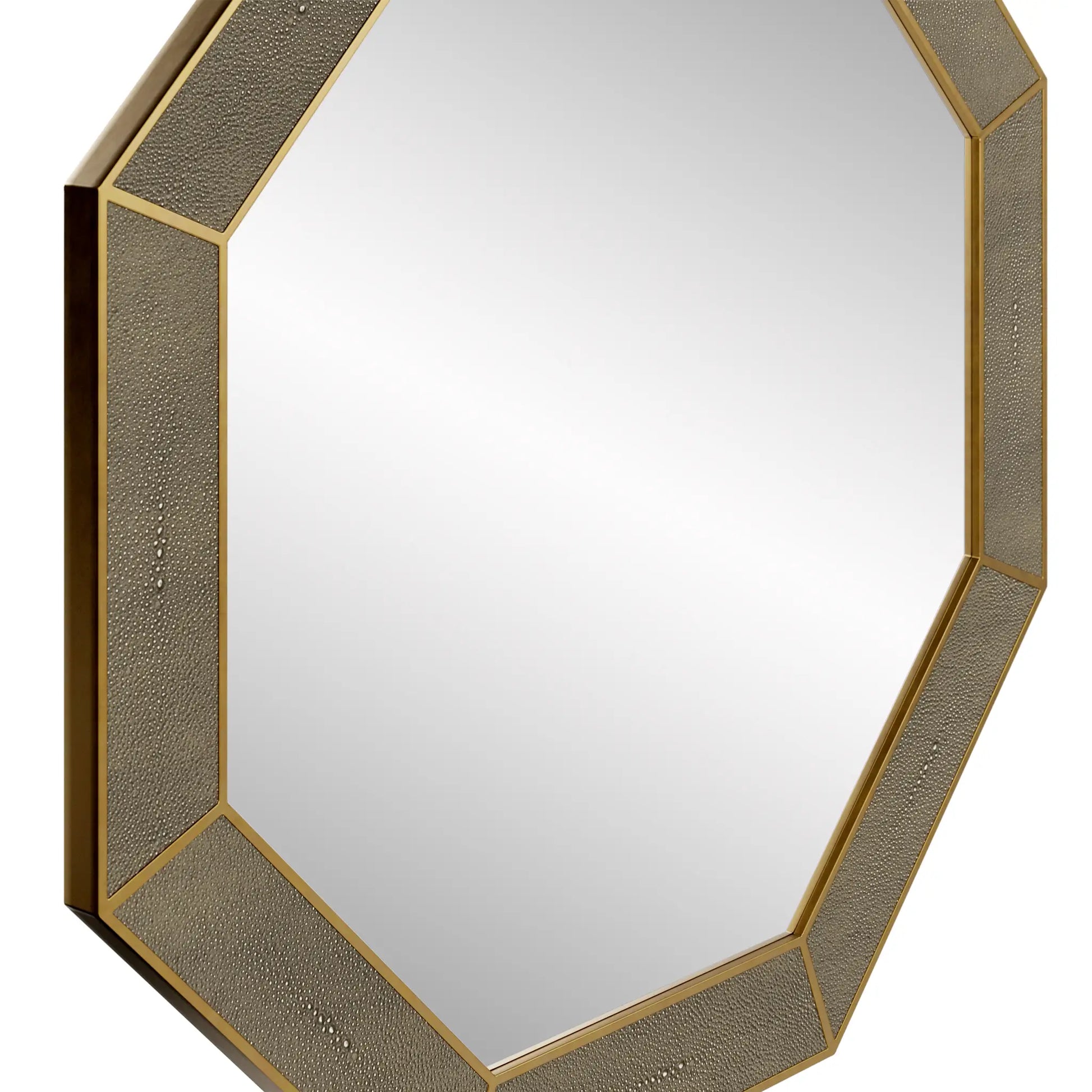 Grey shagreen wall hanging mirror with brass inlay edges in octagonal shape, available to purchase from Albury House Interiors. 