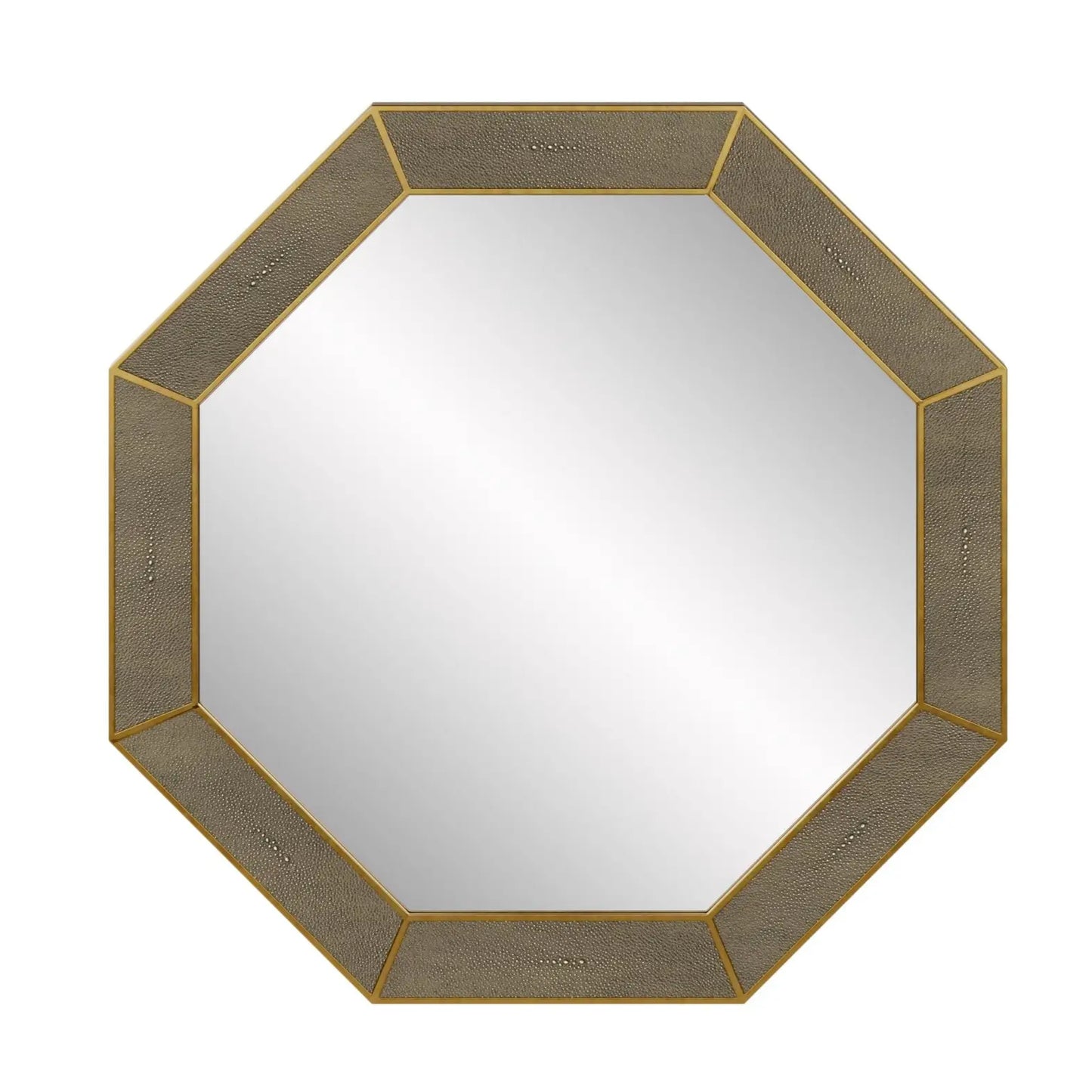 Grey shagreen wall hanging mirror with brass inlay edges in octagonal shape, available to purchase from Albury House Interiors. 