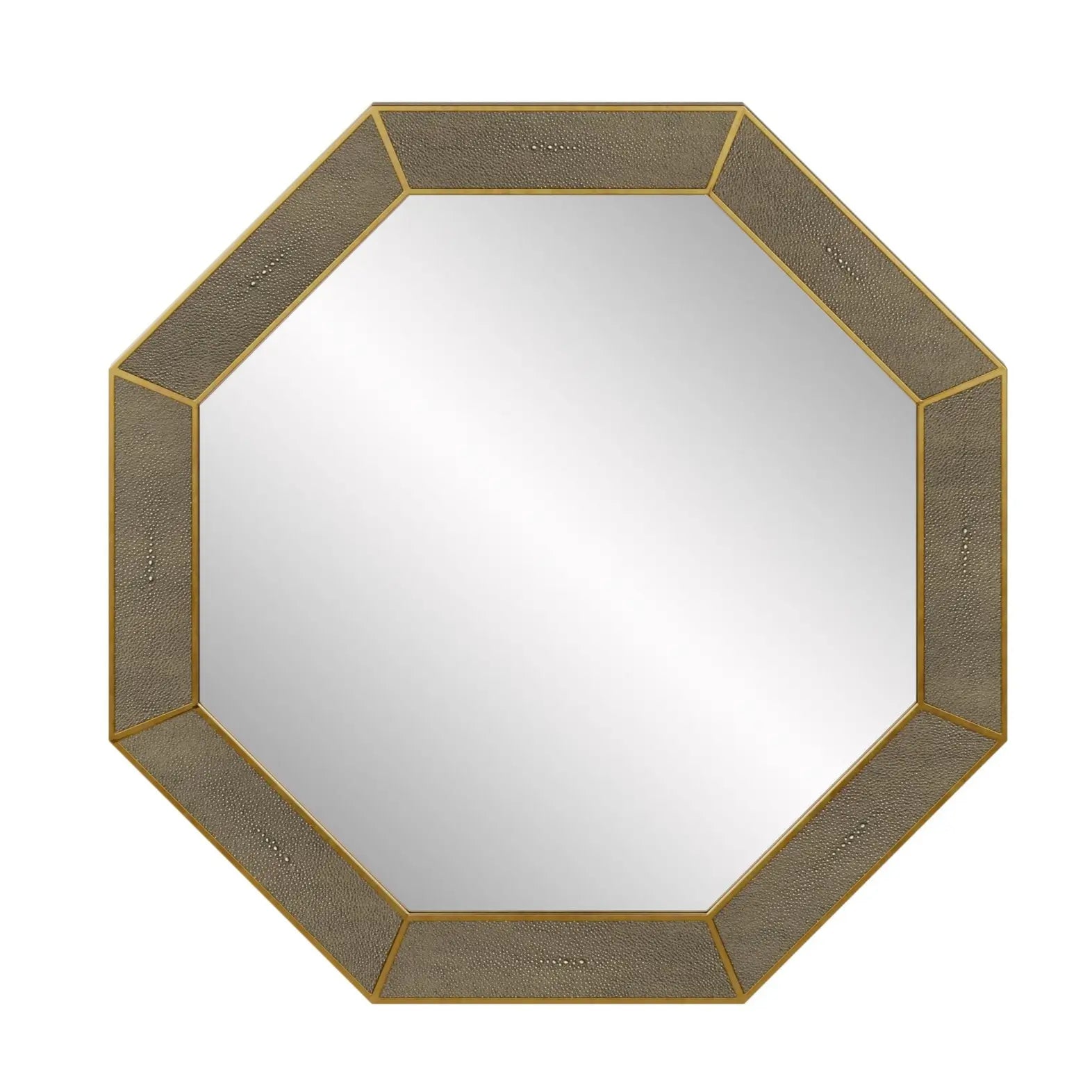 Grey shagreen wall hanging mirror with brass inlay edges in octagonal shape, available to purchase from Albury House Interiors. 