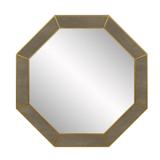 Grey shagreen wall hanging mirror with brass inlay edges in octagonal shape, available to purchase from Albury House Interiors. 