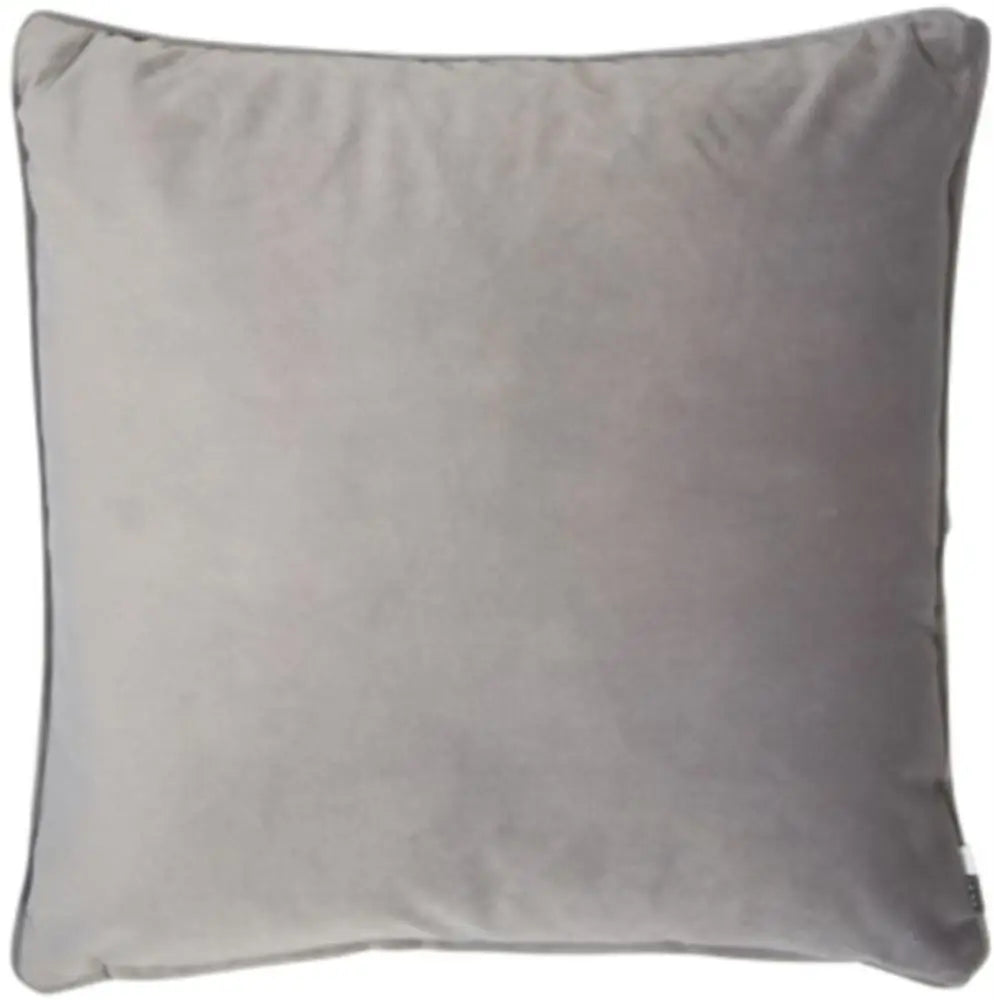 Grey soft velvet square cushion with piped edges and feather filled insert at Albury House Interiors homewares in Essex, Hertfordshire and London