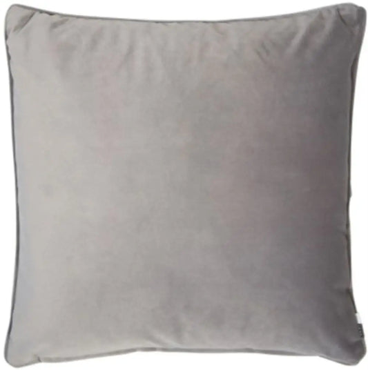Grey soft velvet square cushion with piped edges and feather filled insert at Albury House Interiors homewares in Essex, Hertfordshire and London