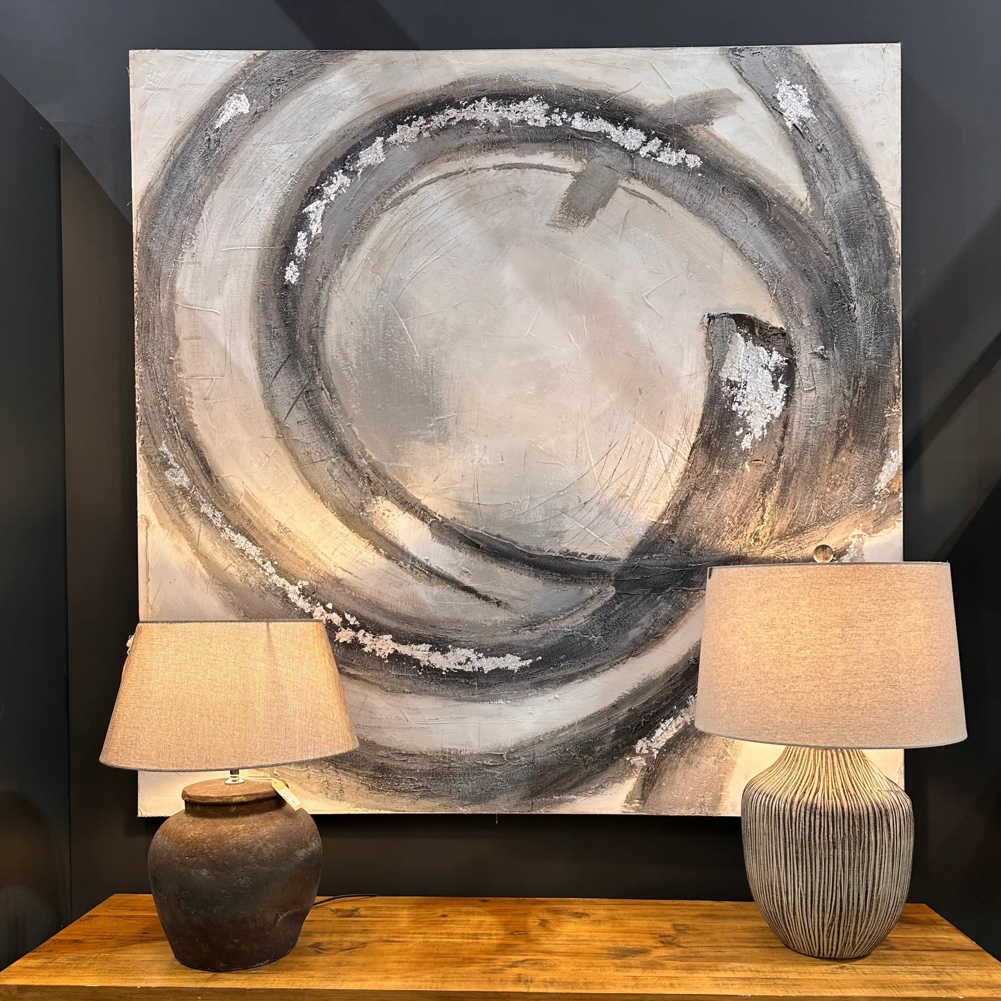grey-and-white-monochrome-swirls-artwork-on-square-canvas-at-albury-house-interiors-essex
