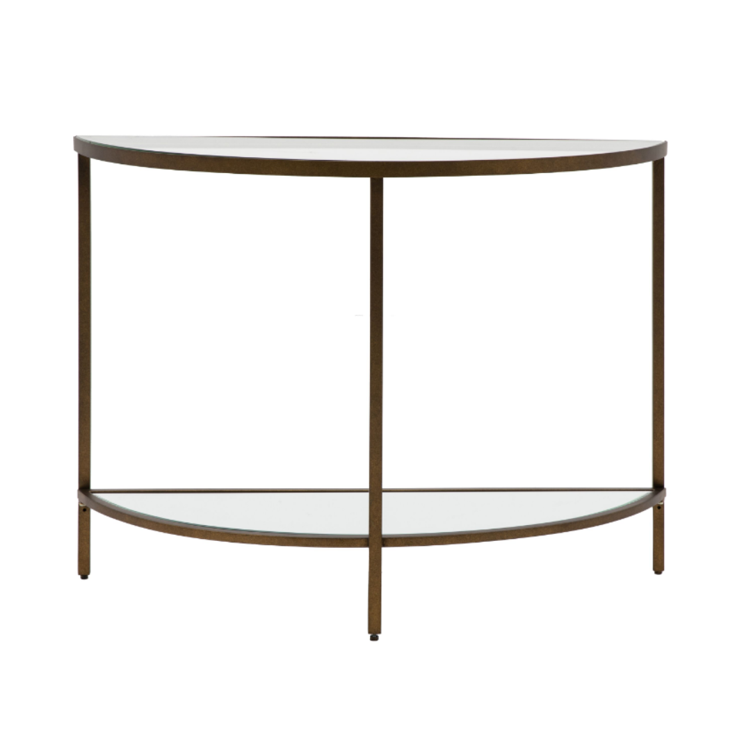Half moon shaped console table with a bronze metal frame, a clear glass top, and a mirrored glass bottom shelf. Available to purchase from Albury House Interiors.