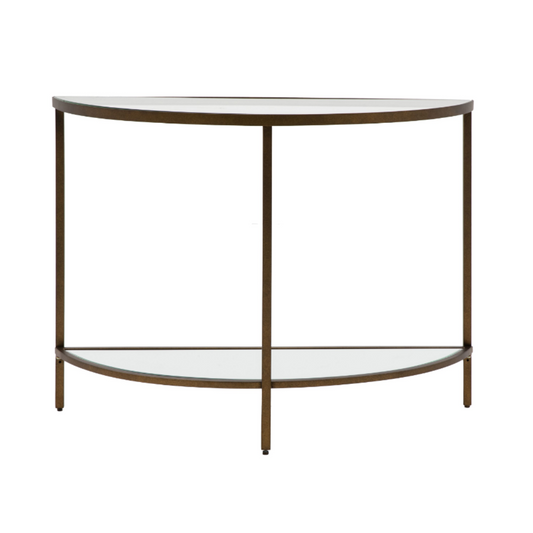 Half moon shaped console table with a bronze metal frame, a clear glass top, and a mirrored glass bottom shelf. Available to purchase from Albury House Interiors.