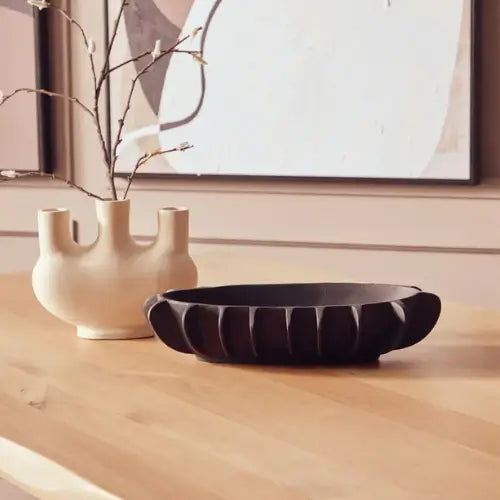 harlem-black-aluminium-oval-bowl-with-lined-detailing-in-neutral-living-area-at-albury-house-interiors