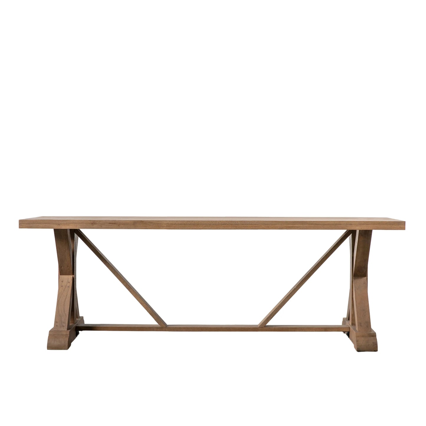 Hayfield solid mango wood rectangle dining table available in sizes small and large to seat 6 or 8 people, with X shaped legs. Purchase at Albury House Interiors. 