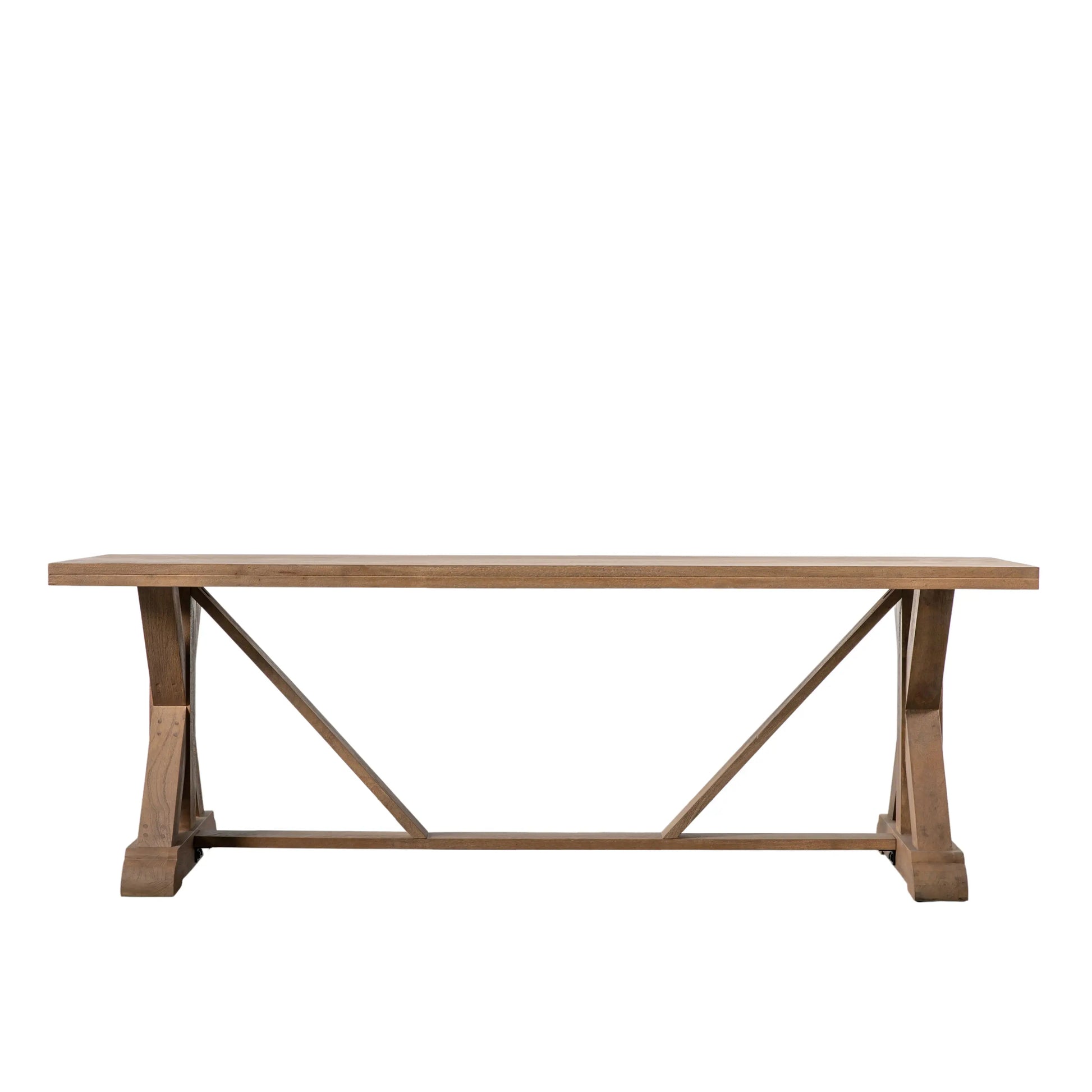 Hayfield solid mango wood rectangle dining table available in sizes small and large to seat 6 or 8 people, with X shaped legs. Purchase at Albury House Interiors. 