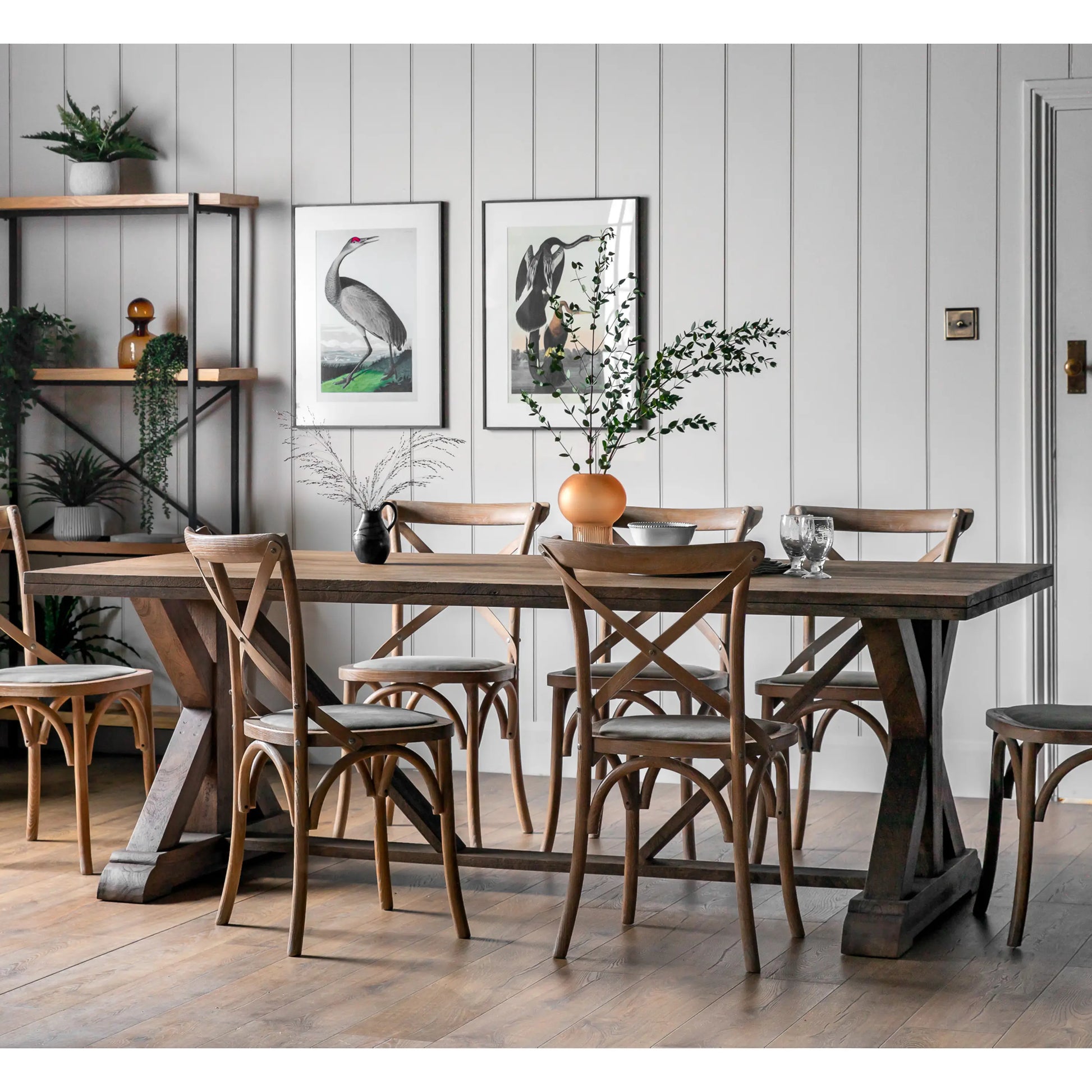 Hayfield solid mango wood rectangle dining table available in sizes small and large to seat 6 or 8 people, with X shaped legs. Purchase at Albury House Interiors. 