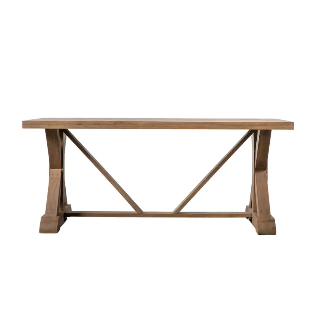 Hayfield solid mango wood rectangle dining table available in sizes small and large to seat 6 or 8 people, with X shaped legs. Purchase at Albury House Interiors. 