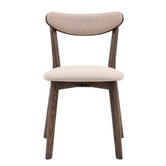 Haze dark wooden veneer dining chairs with linen cushioned seat and back rest. Available to purchase at Albury House Interiors. 