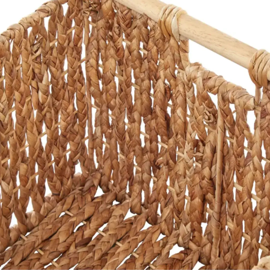 Set of 5 storage baskets crafted from natural water hyacinth, with wooden handles to match the colour scheme, in varying sizes. Available to purchase from Albury House Interiors, Essex. 