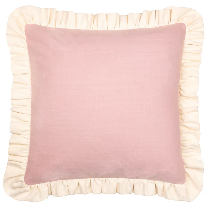 Issie Ruffle edge Cushion pink Petal and cream square 100% cotton available at Albury House Interiors