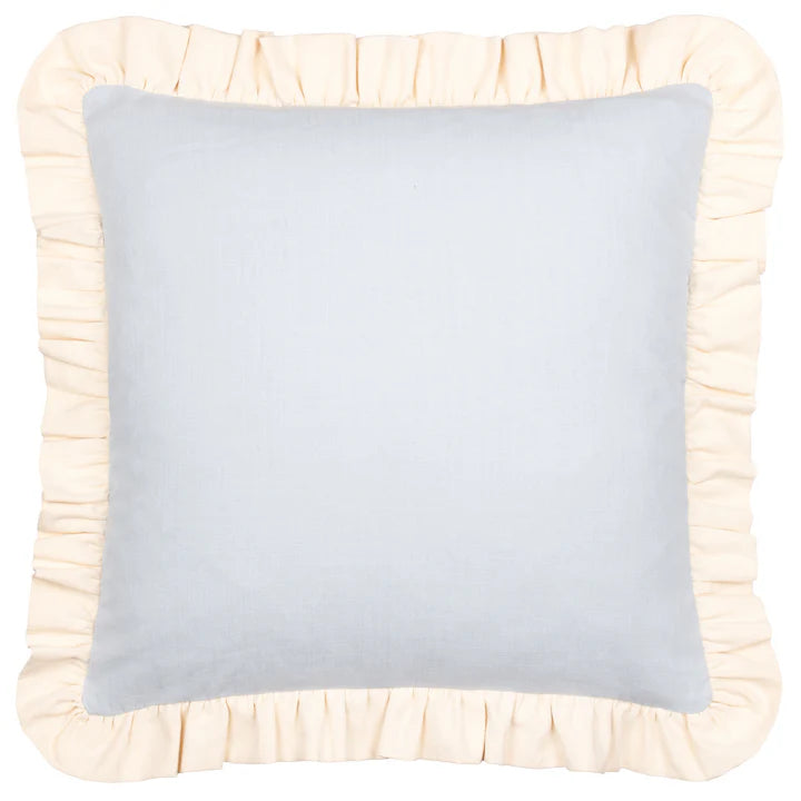 Issie light sky blue square cushion with ruffled edge 100% cotton