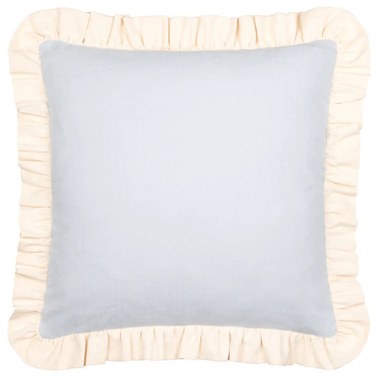 Issie light sky blue square cushion with ruffled edge 100% cotton