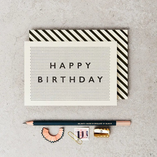 Katie-leamon-monochrome-black-and-white-pin-point-happy-birthday-greetings-card-t-albury-house-interiors