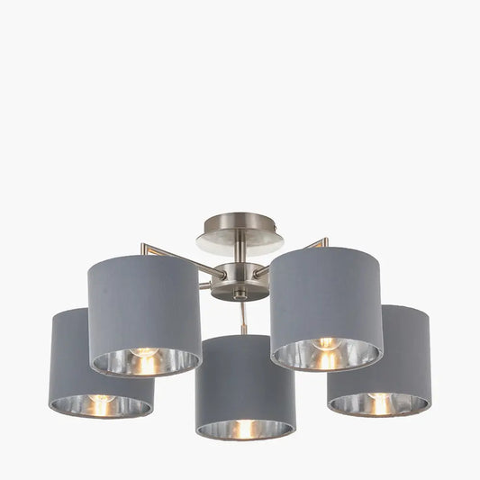 kenny-5-arm-brushed-silver-ceiling-light-with-grey-shades-and-metallic-silver-lining-at-albury-house-interiors