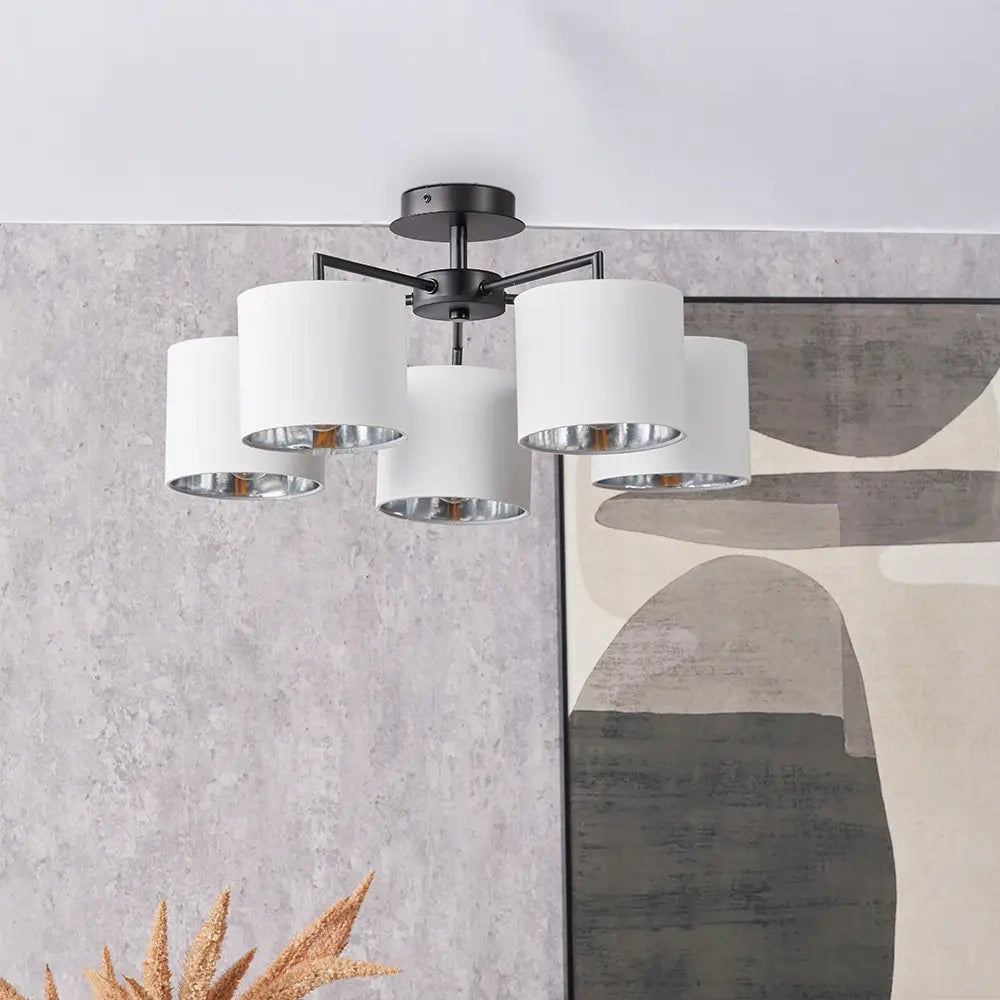 kenny-matt-black-5-arm-ceiling-light-wit-white-shades-and-metallic-inserts-at-albury-house-interiors